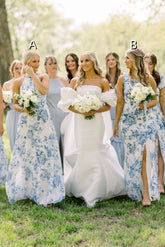 Floor Length Blue Mismatched Floral Bridesmaid Dress Printed Mychicdress